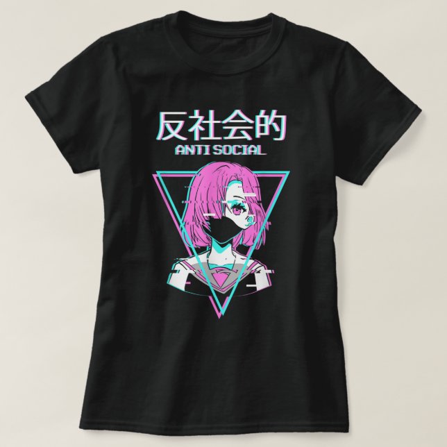 Glitch Anime Anti Social Aesthetic T Shirt (Design framsida)