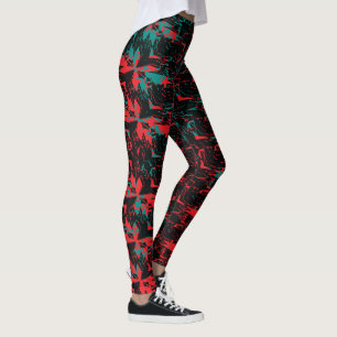 Glitch Art Röd och Teal Blommig Upprepning Leggings