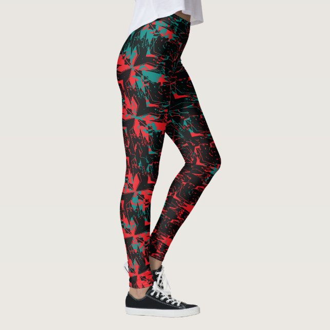 Glitch Art Röd och Teal Blommig Upprepning Leggings (Höger)