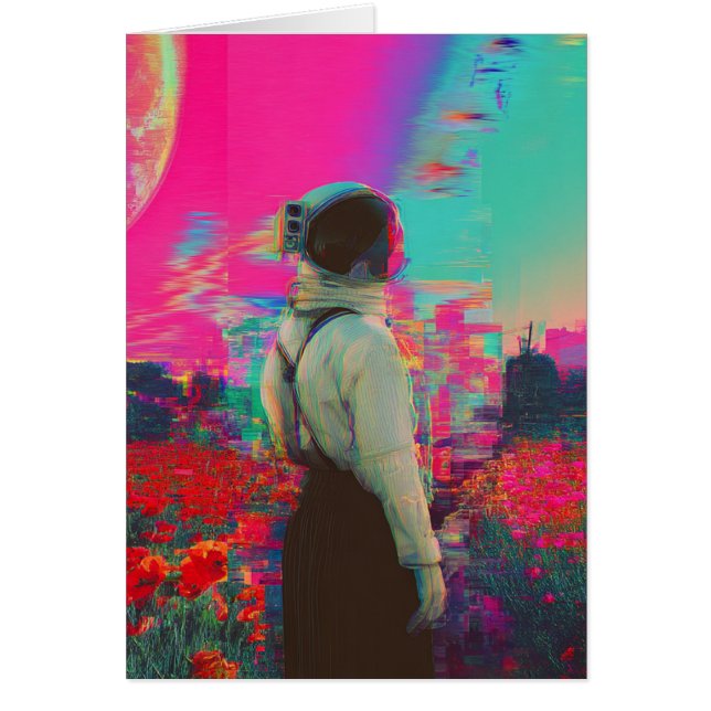 Glitch astronaut i ett vallmo fält Tillfällen Hälsningskort (Framsidan)