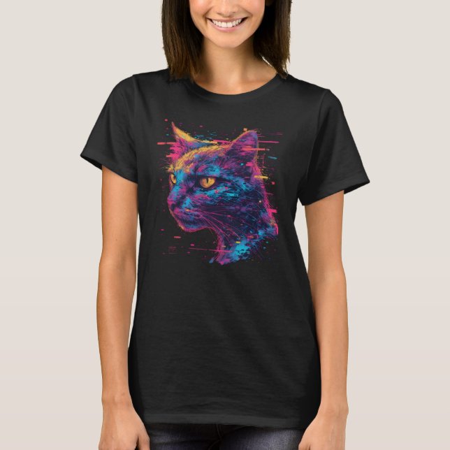 Glitch Cat t-shirt,Cyberpunk,Neon Aesthetic Tee  (Framsida)