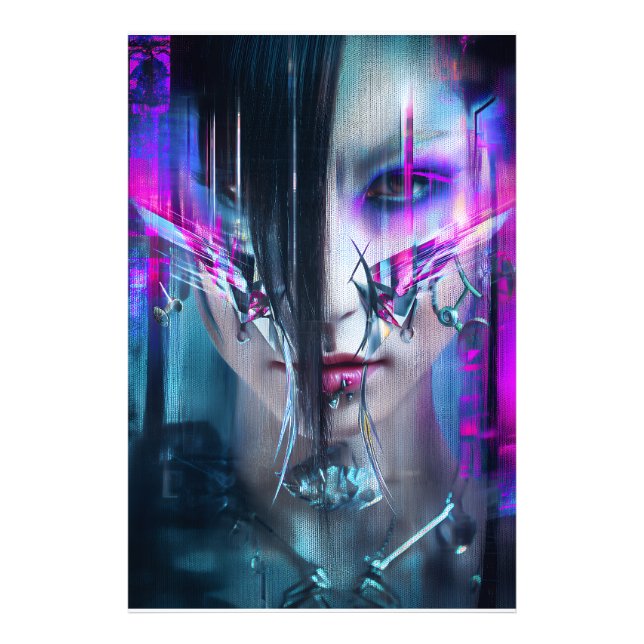 Glitch Cyberpunk Face Neon Distortion Portrait Fototryck (Framsidan)