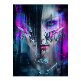 Glitch Cyberpunk Face Neon Distortion Portrait Perfect Poster