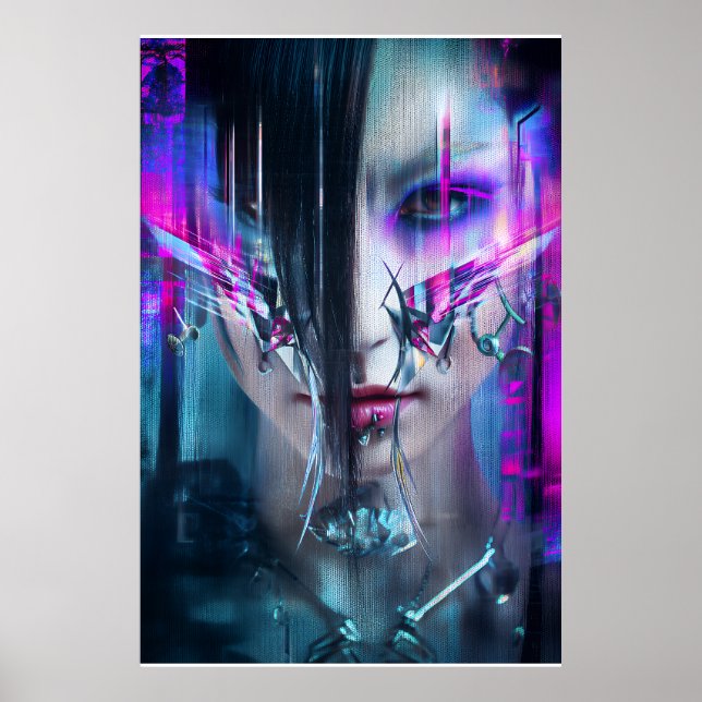 Glitch Cyberpunk Face Neon Distortion Portrait Poster (Framsidan)