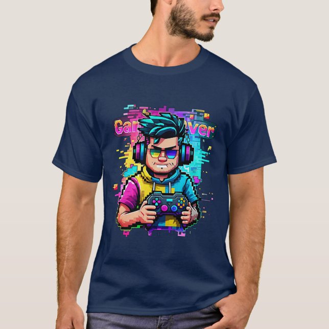 Glitch Gamer T-Shirt Neon Pixel Art-spel (Framsida)