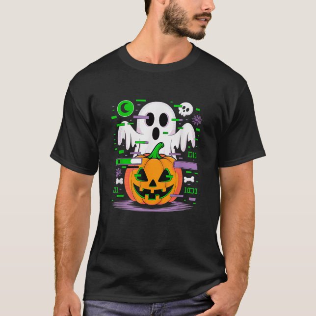 Glitch Ghost Pumpkin Binary Code Spooky Halloween T Shirt (Framsida)