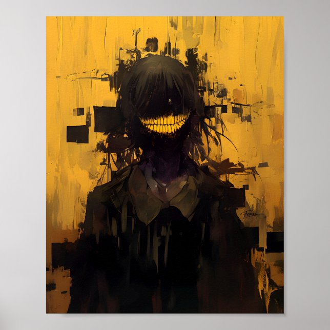 Glitch Horror Smile - Dark Surrealist Yellow  Poster (Framsidan)