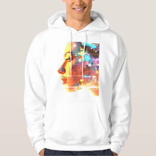 Glitch i Cyborg Kvinna på en Mysig Långärmad Vit Hoodie