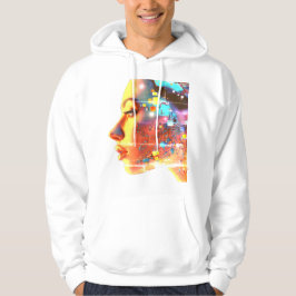 Glitch in Cyborg Woman on a Cozy Long Sleeve White Hoodie