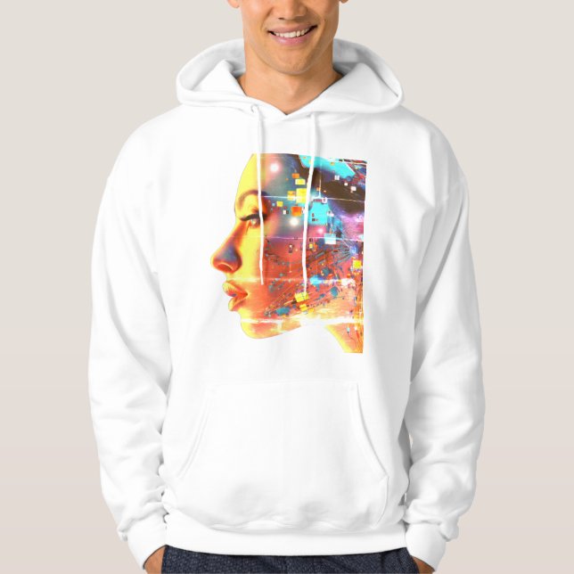 Glitch in Cyborg Woman on a Cozy Long Sleeve White Hoodie (Framsida)