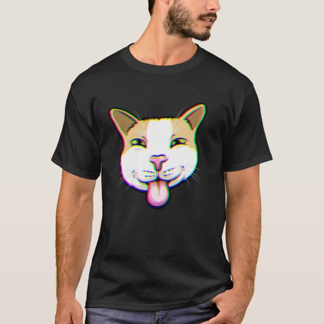 Glitch-kat tunga ut rolig trippig meme-konst t shirt (Framsida)