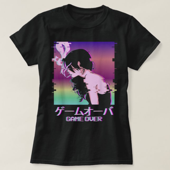 Glitch Vaporwave Anime Game Over Art T Shirt (Design framsida)