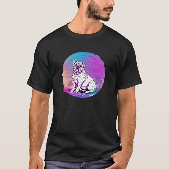 Glitchad Synthwave Bulldog Estetik T Shirt (Framsida)