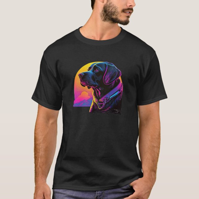 Glitchad Synthwave Svart Labrador-estetik T Shirt (Framsida)