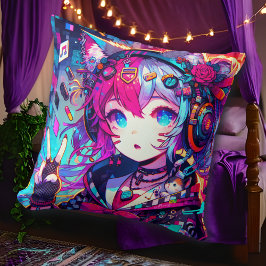 Glitchcore Colorful Anime Girl Artwork Kudde