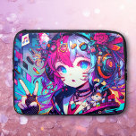Glitchcore Colorful Anime Girl Artwork Laptop Fodral<br><div class="desc">Anime Glitchcore-flicka ge ett fredstecken med hörlurar,  musik noter och räv öron färgad lila,  rosa,  blått och svart ai-konst.</div>