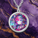 Glitchcore Colorful Anime Girl Artwork Silverpläterat Halsband<br><div class="desc">Anime Glitchcore-flicka ge ett fredstecken med hörlurar,  musik noter och räv öron färgad lila,  rosa,  blått och svart ai-konst.</div>