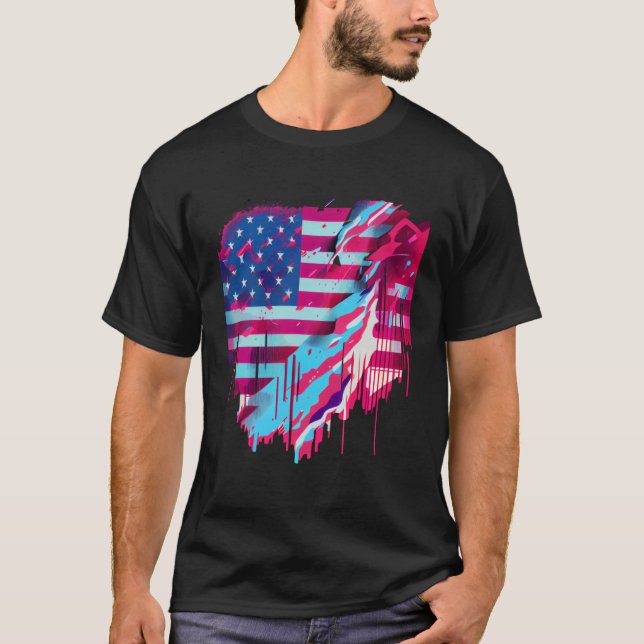 Glitched Vaporwave American Flag T Shirt (Framsida)