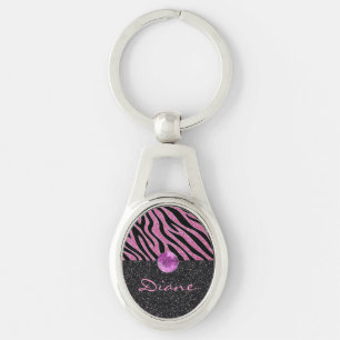 Glitted Zebra tryck Ovalt Silverfärgad Nyckelring