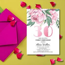 Glitter 30:e Rosa Peony Blommigt Greenery Birthday Inbjudningar