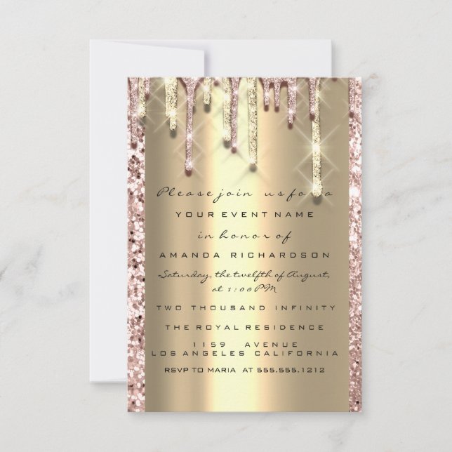 Glitter 3D-dropar Ros Bröllop Sweet 16 Guld Inbjudningar (Framsida)