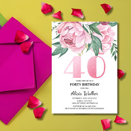 Glitter 40:e Rosa Peony Blommigt Greenery Birthday Inbjudningar