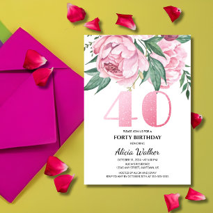 Glitter 40:e Rosa Peony Blommigt Greenery Birthday Inbjudningar