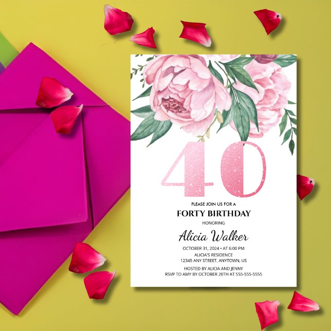 Glitter 40:e Rosa Peony Blommigt Greenery Birthday Inbjudningar (Skapare uppladdad)