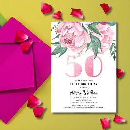 Glitter 50:e Rosa Peony Blommigt Greenery Birthday Inbjudningar