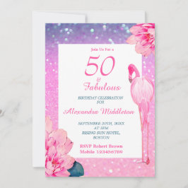Glitter 50 Fabulous Flamingo Rosa Blommigt Birthda Inbjudningar