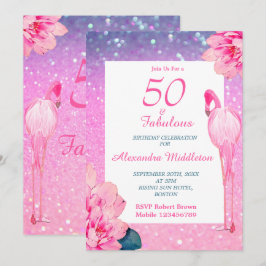 Glitter 50 Fabulous Flamingo Rosa Blommigt Birthda Inbjudningar