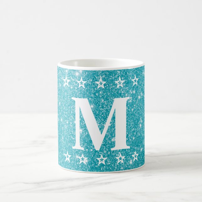 Glitter 5 Star Teal Blue Anpassad Monogram Dricksv Kaffemugg (Center)