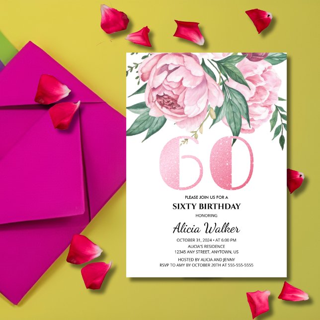 Glitter 60:e Rosa Peony Blommigt Greenery Birthday Inbjudningar (Skapare uppladdad)