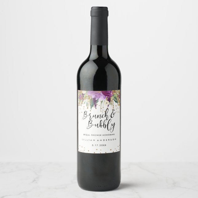 Glitter Amethyst Brunch och Bubbly Bröllopsfest Vinflaska Etikett (Framsida)