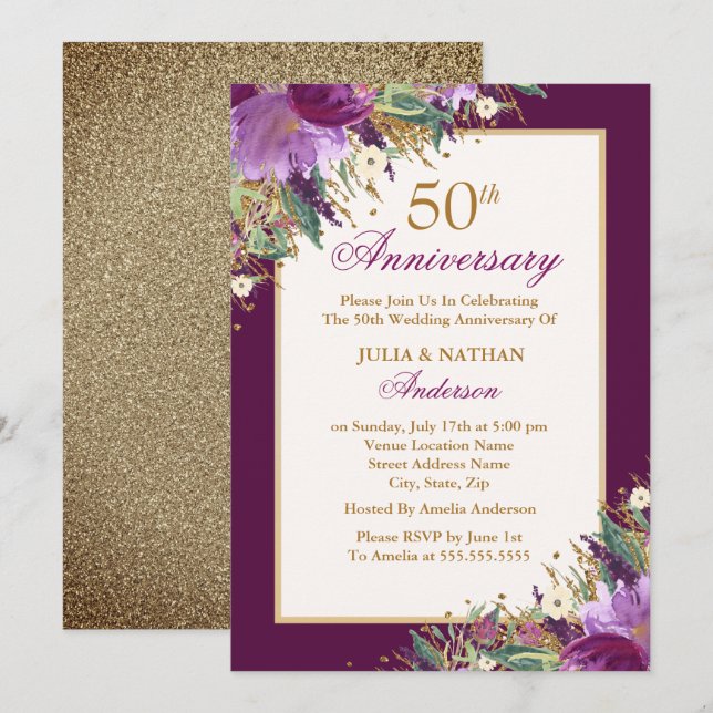 Glitter Amethyst Lila Blommig 50-årsjubileum Inbjudningar (Fram/baksida)
