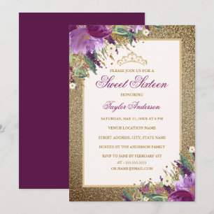 Glitter ametist lila blomster tiara Sweet Sixteen Inbjudningar