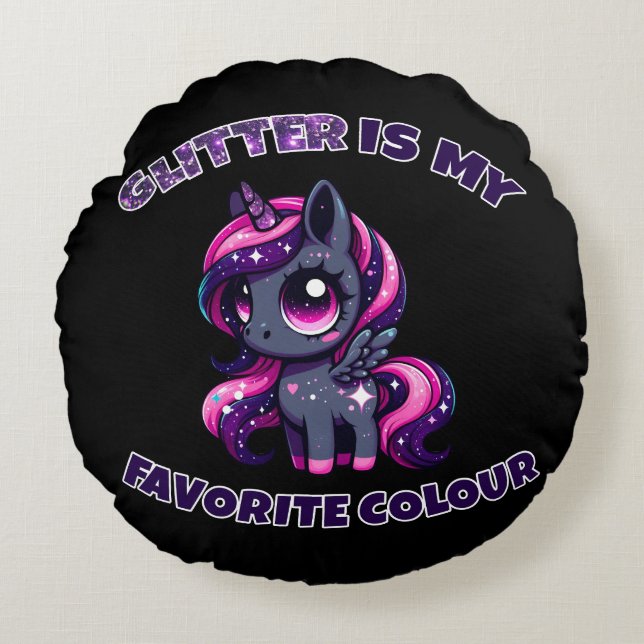 Glitter är min favoritfärg söt enhörning ponny rund kudde (Framsidan)