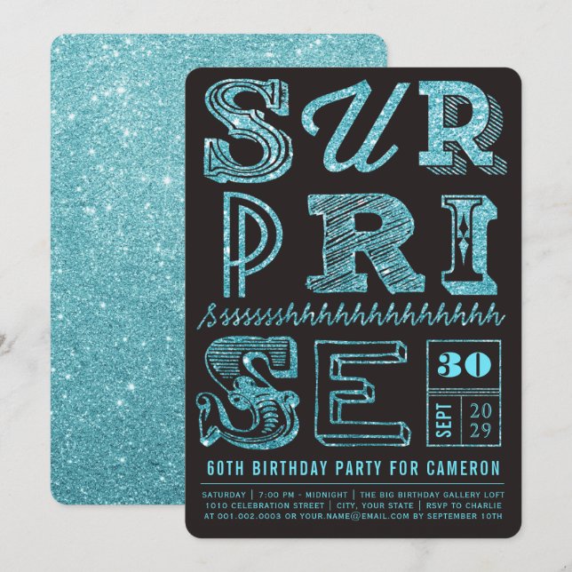Glitter Art Deco Överraskningsfest Födelsedagsinbj Inbjudningar (Fram/baksida)