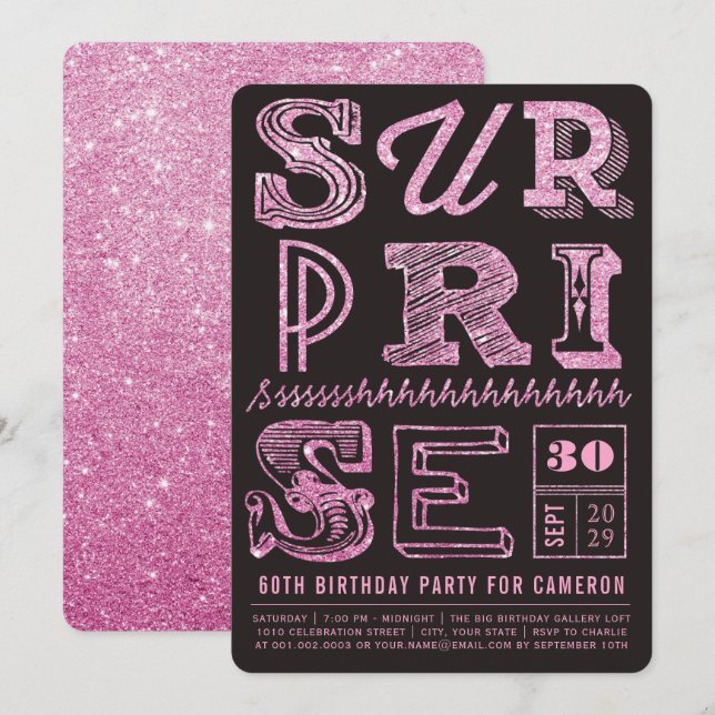 Glitter Art Deco Surprise Party Birthday Inbjudan (Fram/baksida)
