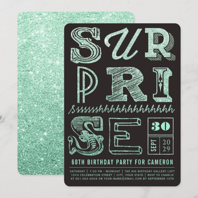 Glitter Art Deco Surprise Party Birthday Inbjudan (Fram/baksida)