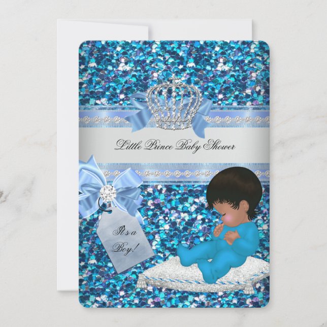 Glitter Baby Shower Boy Blue Little Prince Krona 3 Inbjudningar (Framsida)
