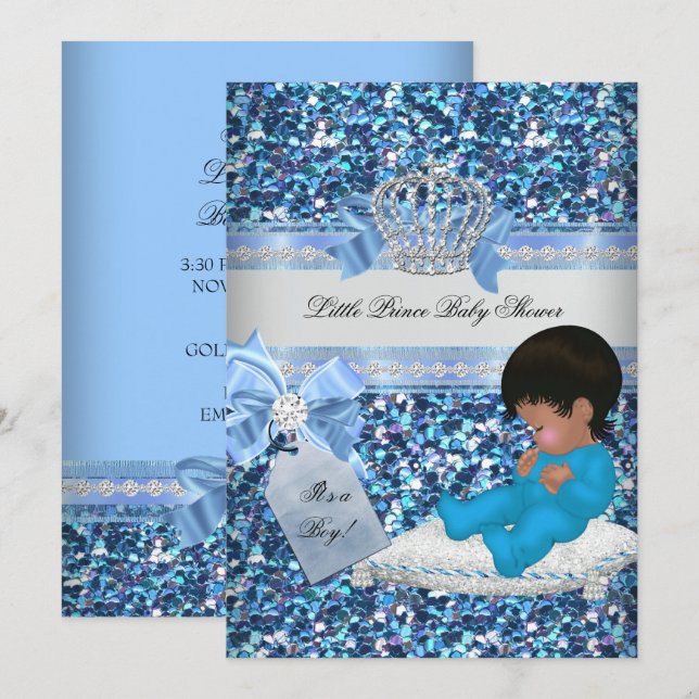Glitter Baby Shower Boy Blue Little Prince Krona 3 Inbjudningar (Fram/baksida)