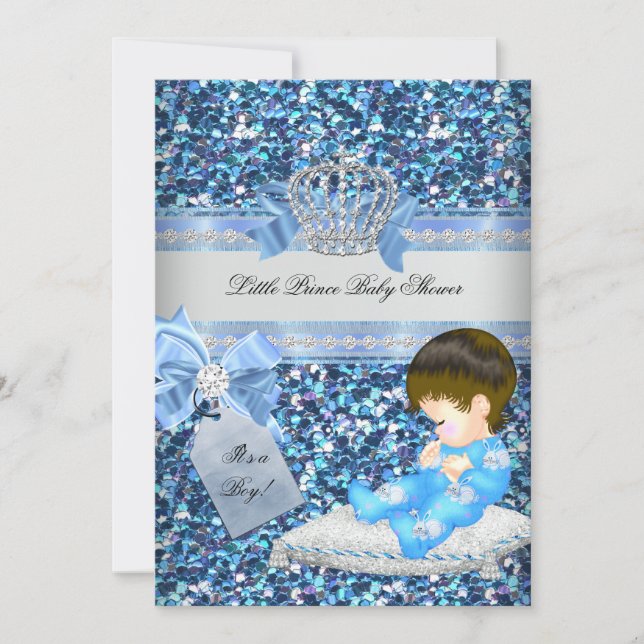 Glitter Baby Shower Boy Blue Little Prince Krona 4 Inbjudningar (Framsida)