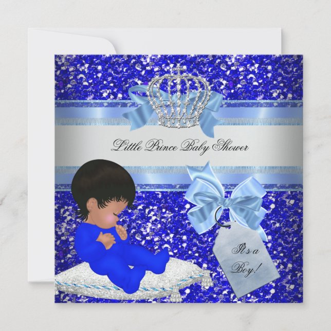 Glitter Baby Shower Boy Blue Little Prince Krona 4 Inbjudningar (Framsida)