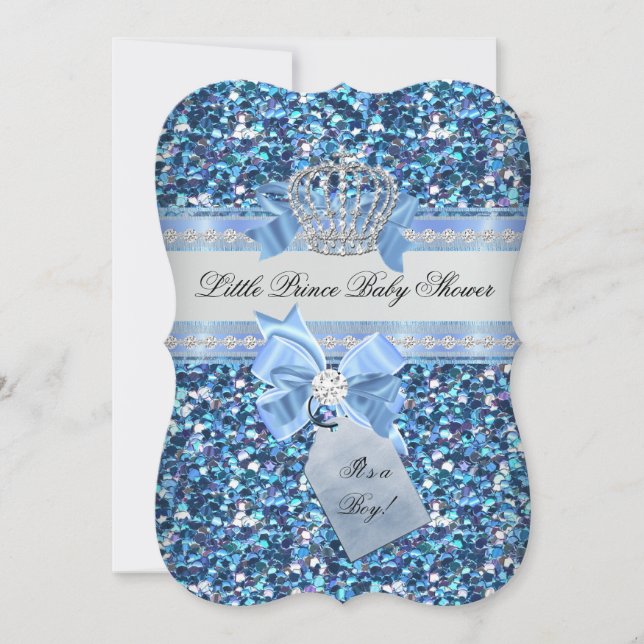 Glitter Baby Shower Boy Blue Little Prince Krona 5 Inbjudningar (Framsida)