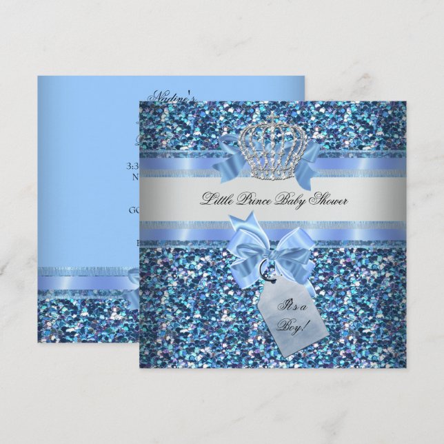 Glitter Baby Shower Boy Blue Little Prince Krona Inbjudningar (Fram/baksida)