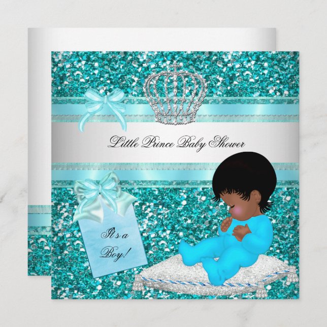 Glitter Baby Shower Boy Teal Little Prince Krona Inbjudningar (Fram/baksida)