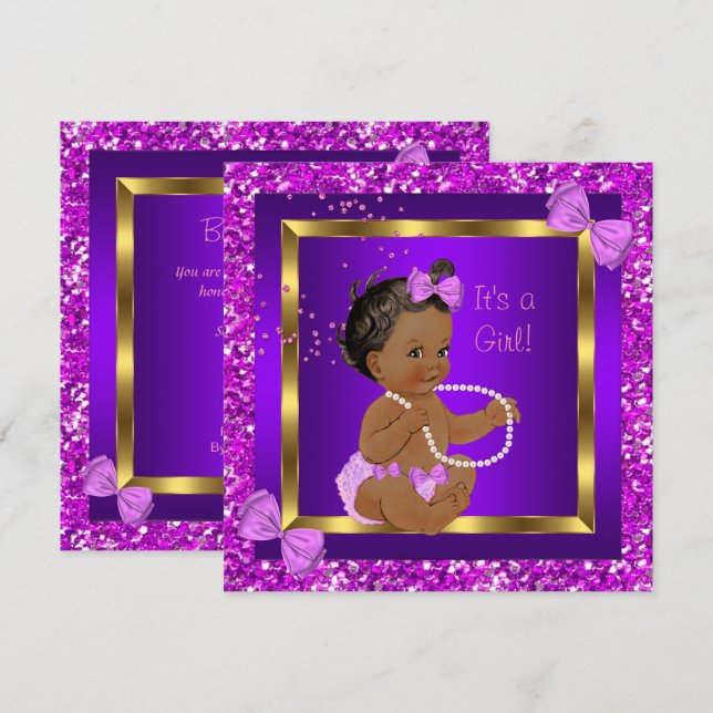 Glitter Baby Shower Flicka Lila Rosa Etnisk Inbjudningar (Fram/baksida)