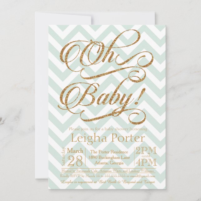 Glitter Baby Shower-inbjudan Guld Mint Chevron Inbjudningar (Framsida)