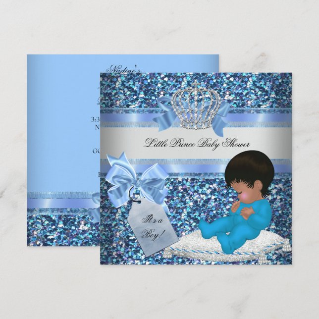 Glitter Baby Shower Pojke Blå Lille Prins Krona 2 Inbjudningar (Fram/baksida)